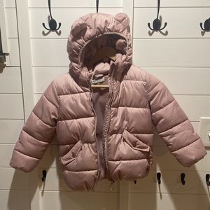 Pink winter puff coat with bear ear hood size 5-6 H&M